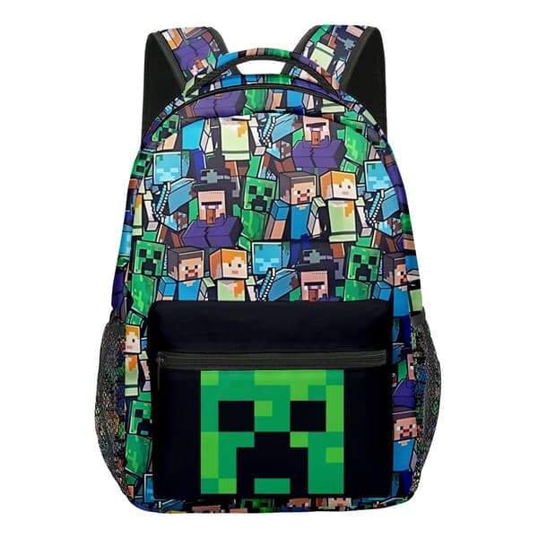 Minecraft Rygsæk til Drenge | Sort Skoletaske til Børn | Grøn Creeper Zombie Skelet Enderman & Hulespindel[RM]