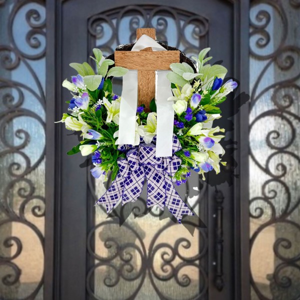 Påskkrans dörrhängande dekoration med kors, bukettgirland för ytterdörrsdekoration