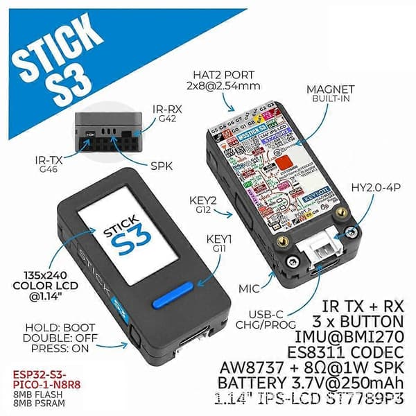M5StickS3-kellotarvikesarja ESP32S3 Mini IoT -kehityssarja BT WiFi ohjelmoitava ohjain IoT-projektiin