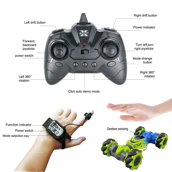 4WD RC Bil Leksak 2.4G Radio Fjärrkontroll Bilar RC Klocka Gest Sensor Rotation Twist Stunt Drift Fordonsleksak för Barn Green ONE RC 1B