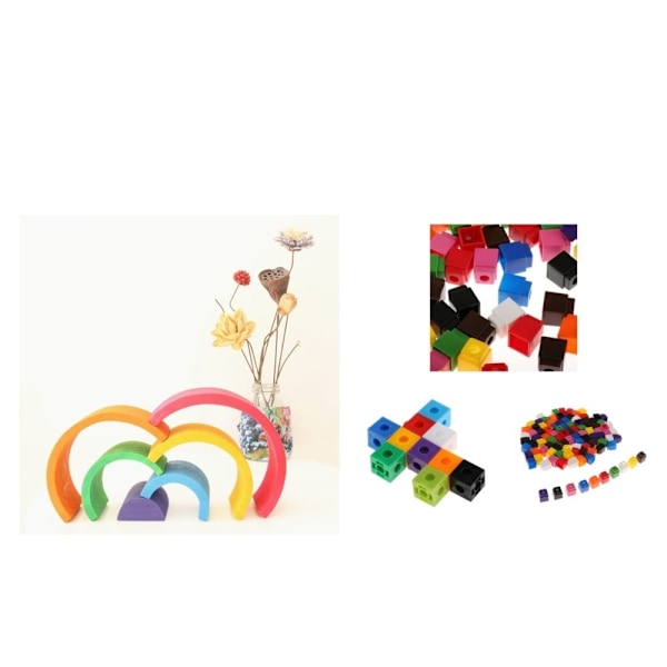 100x Träleksaker - Regnbågsblock - Mathlink Kub - Matematikstartpaket för utbildning