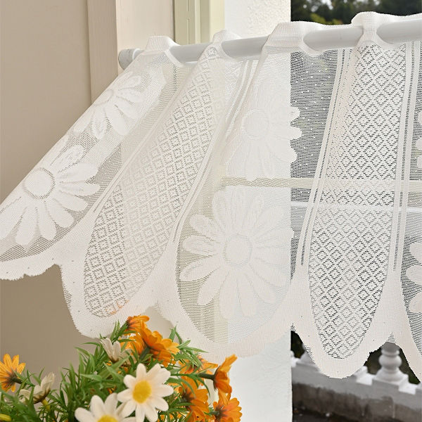 [RM]White Polyester Lace Curtains for Kitchen - 2 Pieces Half Window Curtains with Flowers 120