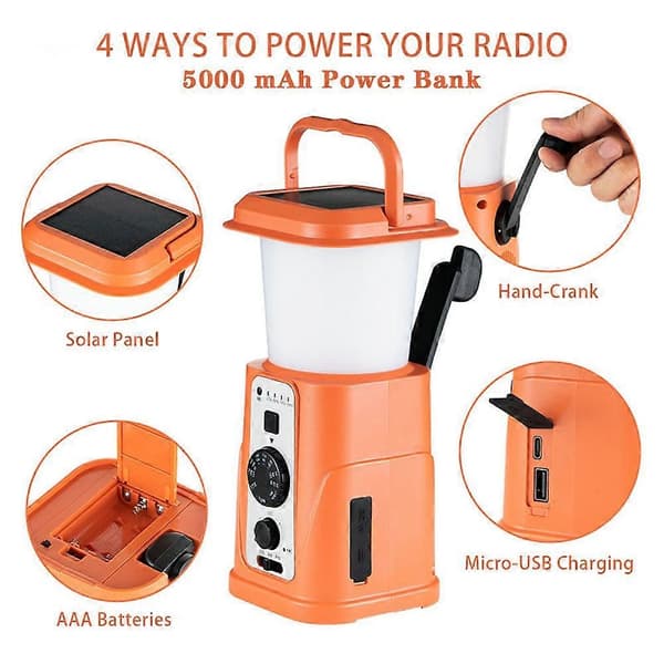 [RM]Utendørs Eventyr Camping Multifunksjonell Campinglykt Håndsveivet Solcelledrevet Laderadio US Versjon 5000mah Orange
