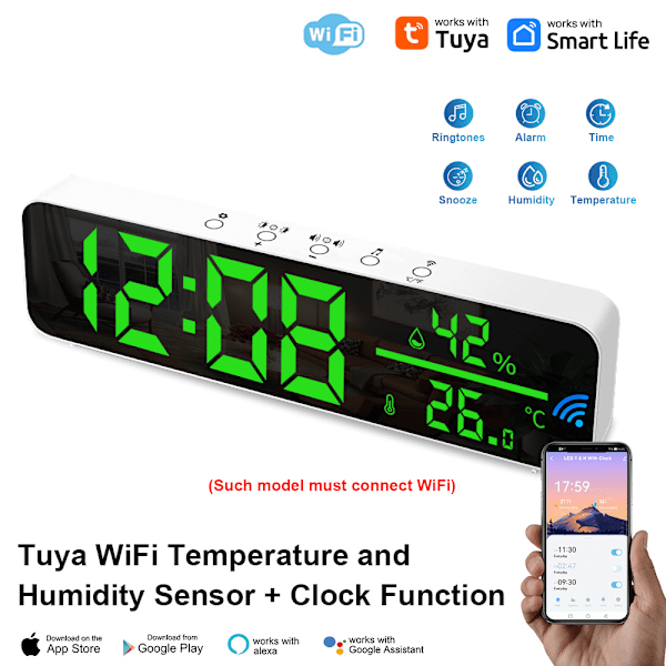 Smart Termo-Hygrometerklocka - WiFi-ansluten Multifunktionell LED Väckarklocka white