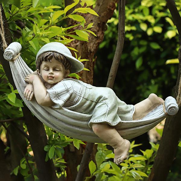 Fé Mini Figurer Pojke Gunga Trädgårdslandskap Harts Gård Ornament Dekor Gård Tillbehör Dockhus Dekor