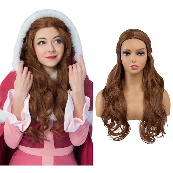 Brun vågig lockig peruk för kvinnor med 56cm syntetiskt hår, används för Skönheten och Odjuret Prinsessan Belle rollspelsfester Halloween-kostymer.