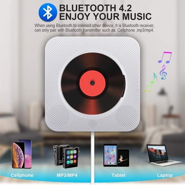Multifunctional Wall Mounted Music CD Player Built-in HiFi Speakers Home Audio Speaker with Remote Control (White)