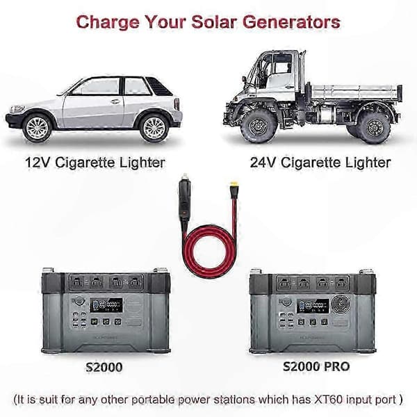 12V til 24V Bilopladerkabel Kompatibelt med XT60-stik til Bærbare Power Stations og Enheder