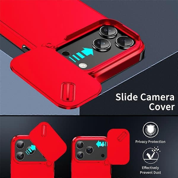[RM] Kompatibelt etui til iPhone 17 Pro, PC + TPU-skal med skydelåg til kamera Red