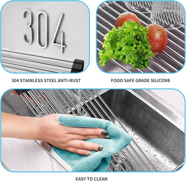 [RM]Foldable Dish Drying Rack, Kitchen Rack Over the Sink, Foldable Multifunctional Dish Rack, Non-slip Silicone and 304 Stainless Steel Tube Black