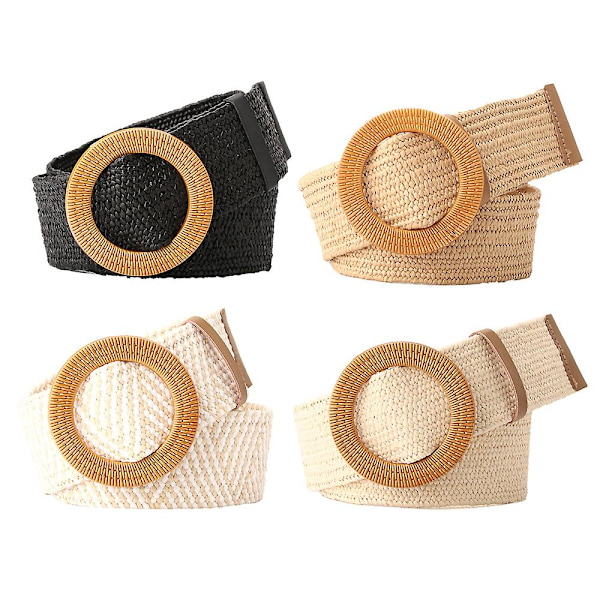 Vävt Bälte för Kvinnor Halm Elastiskt Stretch Midjebälte Boho Bälten Dam Sommar Strandklänning Bälten 4st