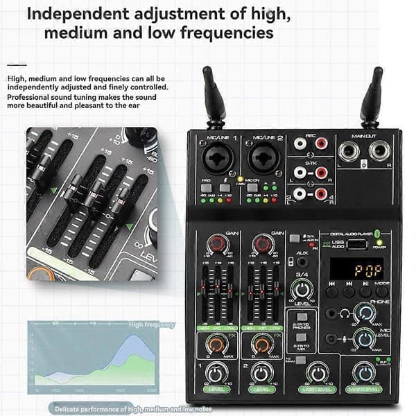 4-kanals lydmixer konsol lydmiksning med trådløs mikrofon USB Bluetooth rumklangsmikrofon