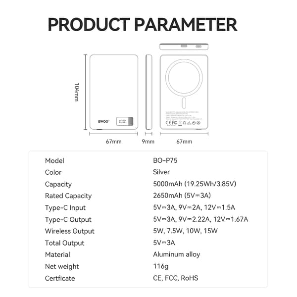 BWOO Powerbank P75 Magnetisk 5000mAh PD 20W USB-C Sølv - Digitalt Display