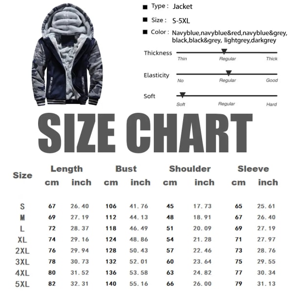 Herrjacka Kamouflage Tjock Vinterjacka för Män Fleece Långärmad Kappa Man Casual Huvtröjor Streetwear Herrrockar Blue Grey 4XL