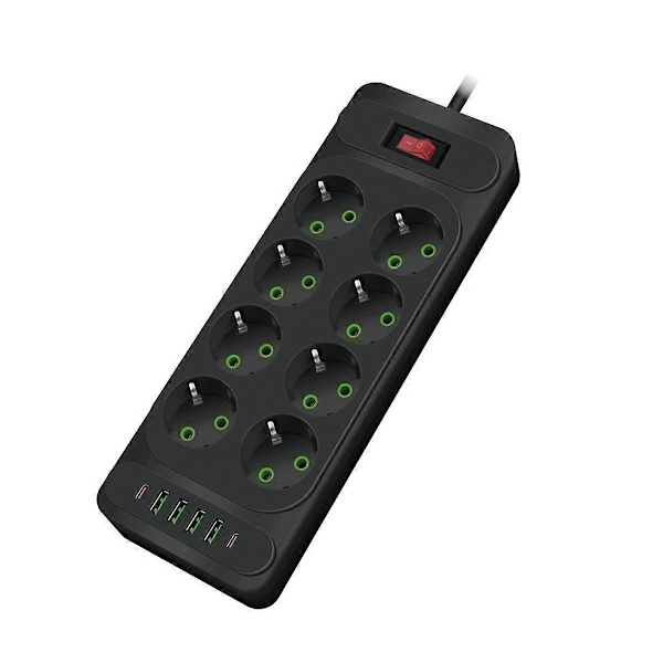 [RM] 8-Hole EU Plug AC Socket Multi Tower Power Strip 2M Extension Cable Power Outlet Smart USB Socket with Switch Black