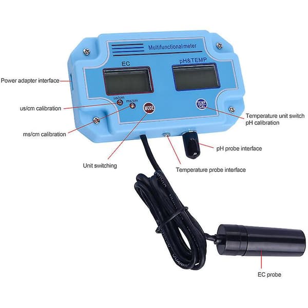 Professionell 3-i-1 vattendetektor pH/EC/TEMP digital LCD-mätare multifunktionell vattenkvalitetsmonitor multiparametertestare, EU-kontakt, blå