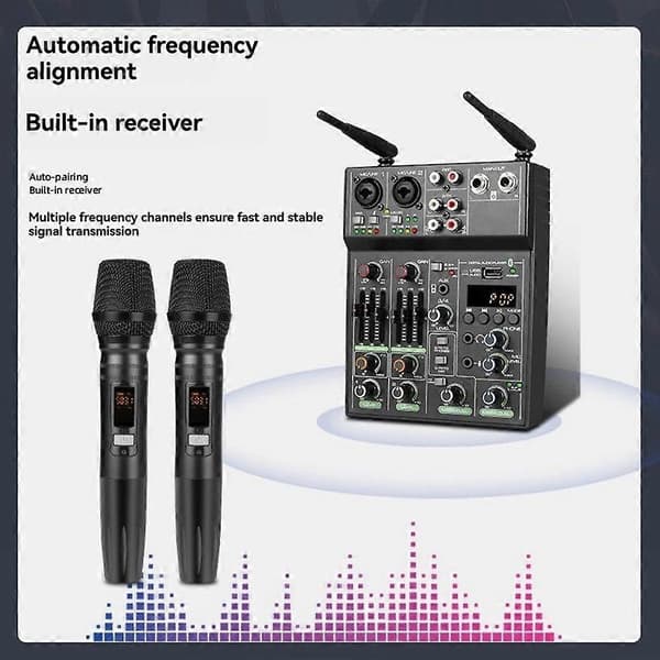 4-kanals lydmixer konsol lydmiksning med trådløs mikrofon USB Bluetooth rumklangsmikrofon
