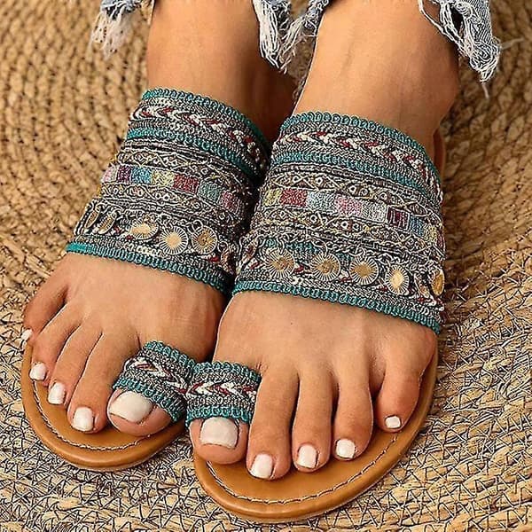 Boho-stil tåringssandaler for kvinner, sommerstrandflip-flop med tøy 39