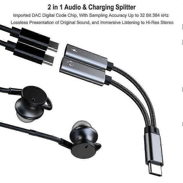 Dobbelt USB C-adapter til hovedtelefoner og opladning, 32-bit lydunderstøttelse, 60W hurtig strømforsyning til kompatible smartphones Grey