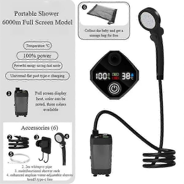 [RM]Bärbar uppladdningsbar campingdusch med 6000mAh batteri