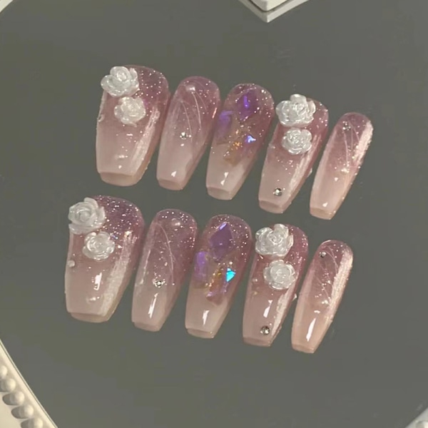 Stereo Mjölkvit Kamelia Bärbar Nagel Aurora Fyrkantig Diamant Glänsande Fragment Manikyrark Lila Galax Manikyr