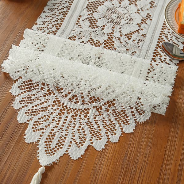 [RM]1-pack Rectangular Crocheted Cotton Lace Table Runner, Dresser Scarf, Lace Doilies (Beige, with Tassels)
