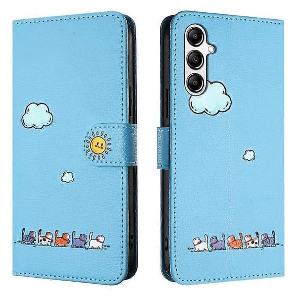 Till Samsung Galaxy S23 FE 5G Tecknade Katter Läderfodral Blue
