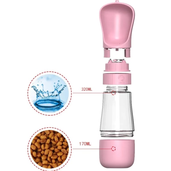 2-i-1 Portabel Hundvattenflaska Utomhus Promenad Drickskålar Husdjursmatare Pink 510ML