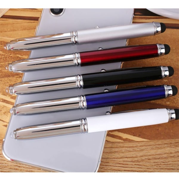 3-i-1 kapacitiv penna och kulspetspenna med Ultra Bright LED-ljus, vit