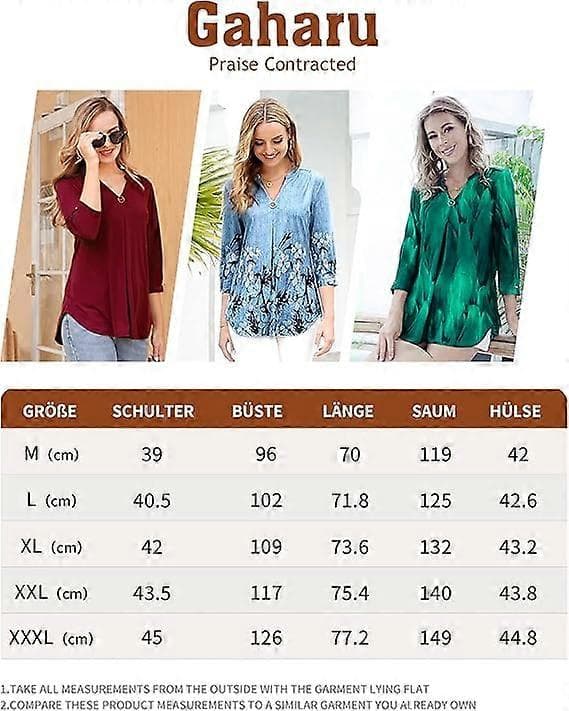 Damebluse 3/4 ærmer elegant V-hals tunika skjorte top