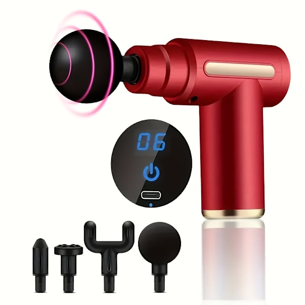 [RM] Handheld Massage Gun with LED Touch Control, 4 Replaceable Heads Red