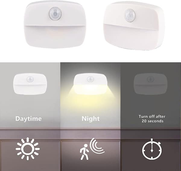 4 batteridrivna LED-nattlampor med inbyggd rörelsesensor och ljussensor, kan fästas var som helst, vägg, hall, inomhus, sovrum (varmvit)