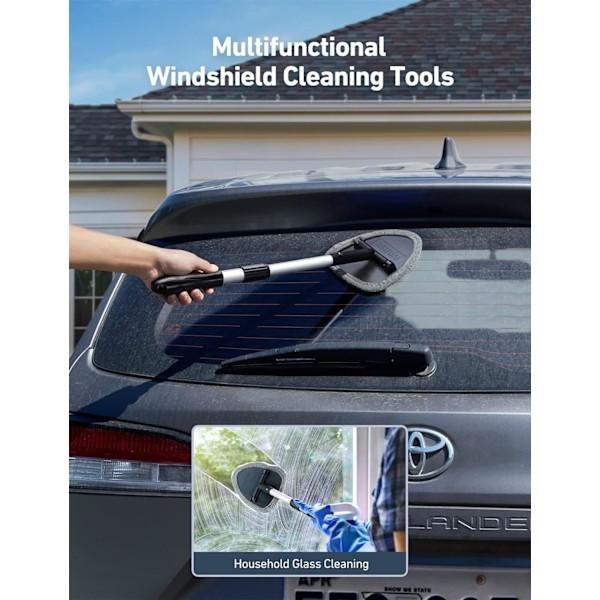 [RM]Windshield Cleaning Tool, Car Interior Detailing Cleaning Kit with Extendable Handle and 4 Reusable Microfiber Pads, Grey-FF- Grey