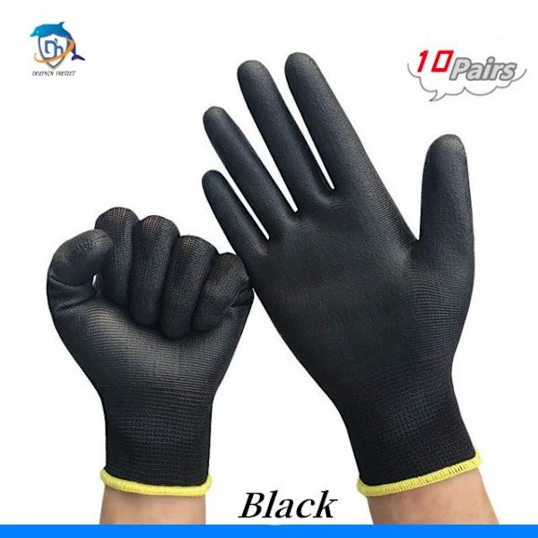 10/20 Par Polyuretan Säkerhetsarbetshandskar Reparationshandskar med Palmbeläggning Black 10 pairs M
