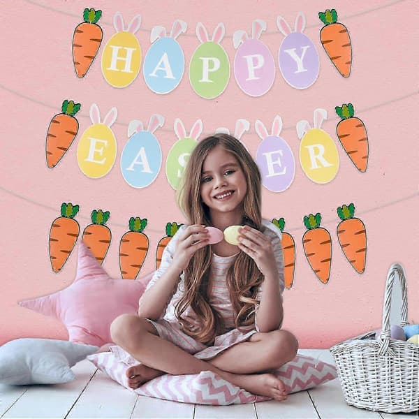 Påskeguirlande, Påskepynt, 2 stk. Påskebanner, Papir Påskeophæng med \"Happy Easter\" Dekorationer