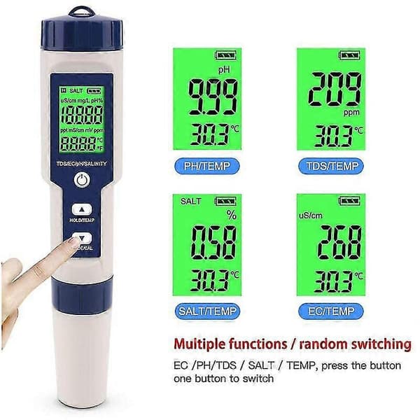 5 i 1 Elektronisk PH-måler, Måler pH & TDS & EC Salinitet & Temperatur Vandkvalitetstester, LCD-skærm