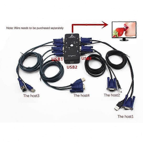 4-ports USB 2.0 KVM-switch til tastatur, skærm, VGA, SVGA, PC og bærbar computer Black