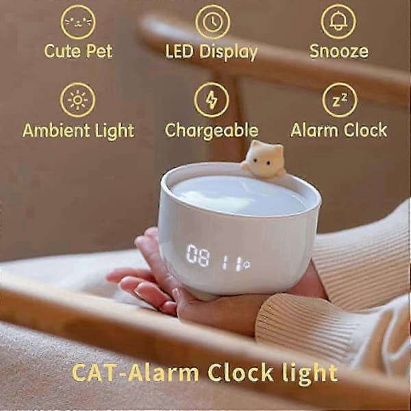 Kattformad väckarklocka, rosa, beröringssensor, ljuskänslig LED-display, snooze-funktion, justerbar ljusstyrka, för sovrum