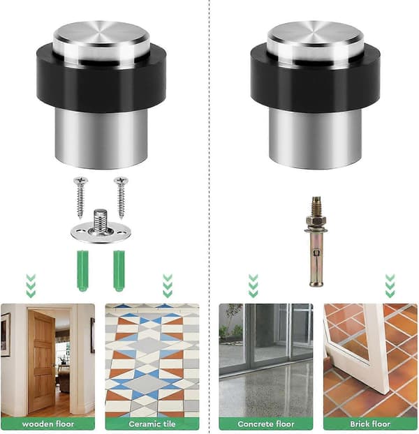 2-delt dørstopper-sæt, 35 mm diameter x 46 mm højde, dørstoppere til gulv i rustfrit stål, dørstop til gulv, med skruer og lim, 3 installationsmetoder