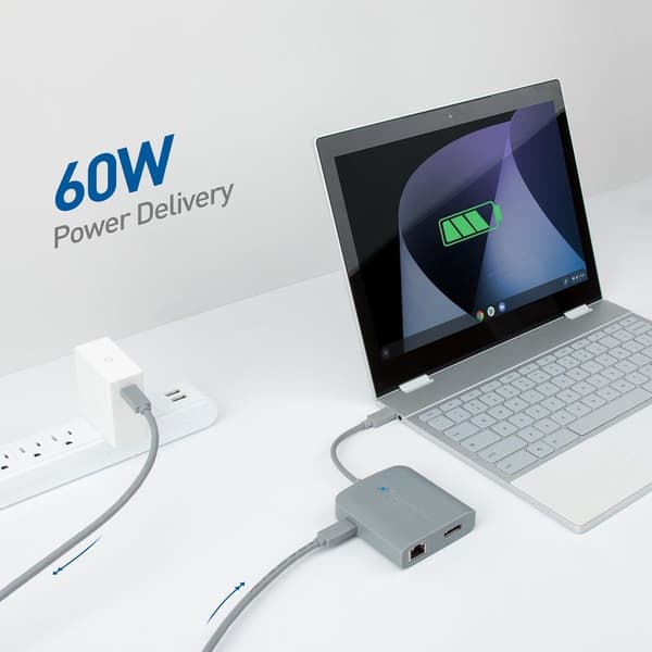 Cable Matters 1 til 5 Dockingstasjon 1xDP 4K60Hz, 1xRJ45 Ethernet 2xUSB-A 1xUSB-C PD 60W Works with Chromebook Certified grå gray
