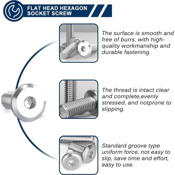 M6x20 mm Flat Head Hex Screws, 20-pack in A2 Stainless Steel, Hex Flange for Robust Fastening