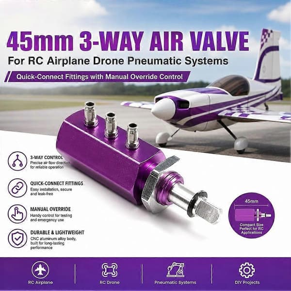 45 mm 3-vejs luftventil til RC flydrone pneumatiske systemer, lynkoblinger med manuel overstyringskontrol
