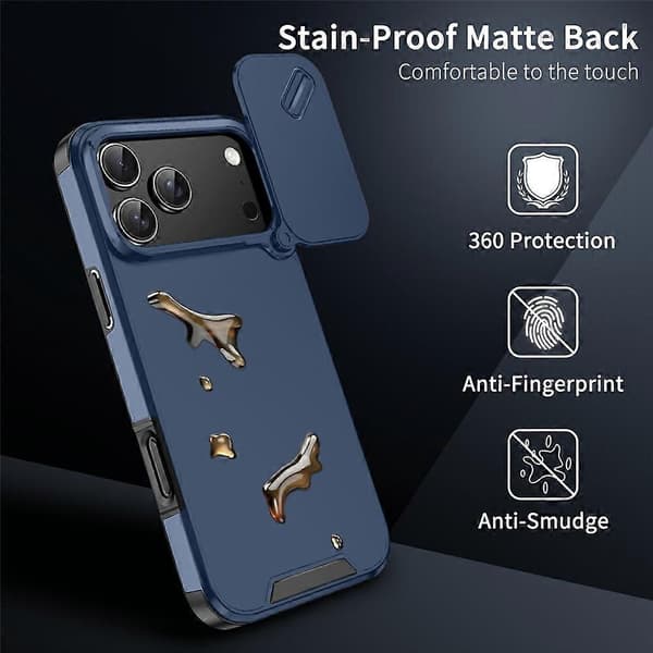 [RM] Kompatibelt etui til iPhone 17 Pro, PC + TPU-skal med skydelåg til kamera Blue
