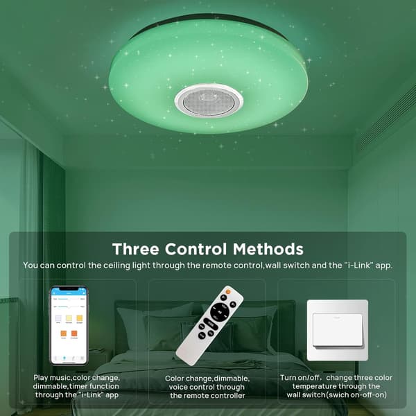 [RM]36W Dimmable LED Ceiling Light, Bluetooth Speaker, Light with Remote/App Control, RGB Color Changing, Ceiling Lamp for