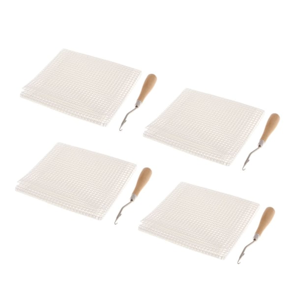 8 st vit blank canvas mesh och böjt trä handtag spärrkrok matta gobeläng DIY-verktyg