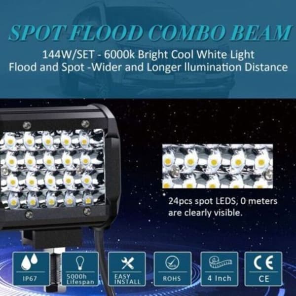 2 LED-forlygter 4 tommer 72W 12V, IP67 vandtæt 27000lm, spot/flood, egnet til køretøjer og både.