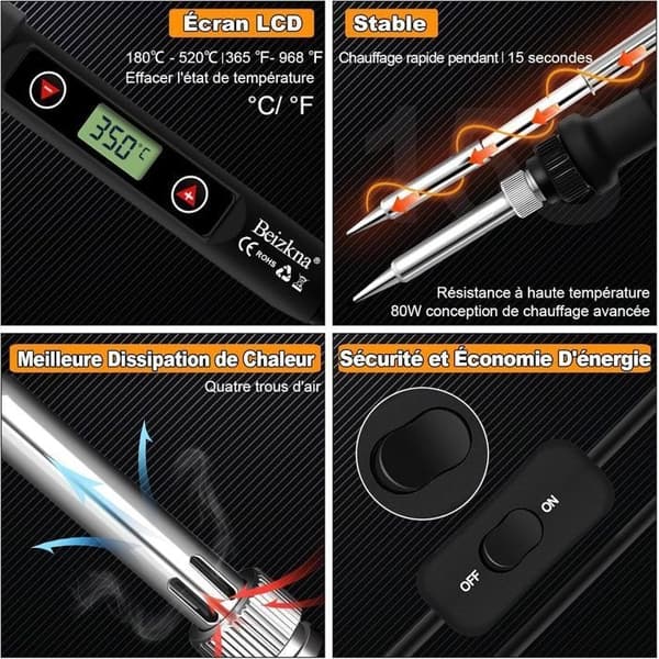 [RM] Soldering Iron Kit 80W Adjustable Temperature Welding Kit 180-520°C, 5 Solder Tips - Solder Wire, Tweezers