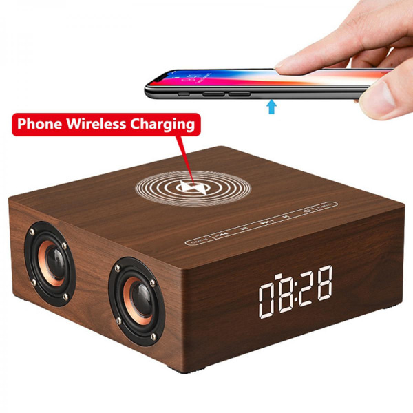 Multifunktionell Bluetooth-högtalare Retro Väckarklocka Trådlös Laddare Brun