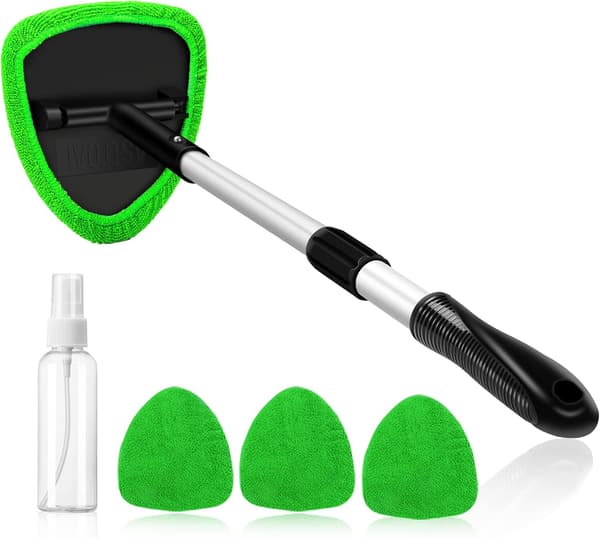 [RM]Windshield Washer, Car Windshield Cleaning Tool for Interior with 4 Reusable and Washable Microfiber Pads, Green-FF- green
