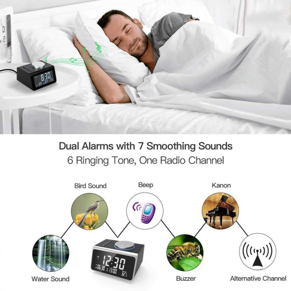 Radio med dubbla väckarklockor - veckodag/helgläge, 0-100 % dimmer, dubbla USB laddningsportar, 7 väckningsljud, FM-radio med sömn